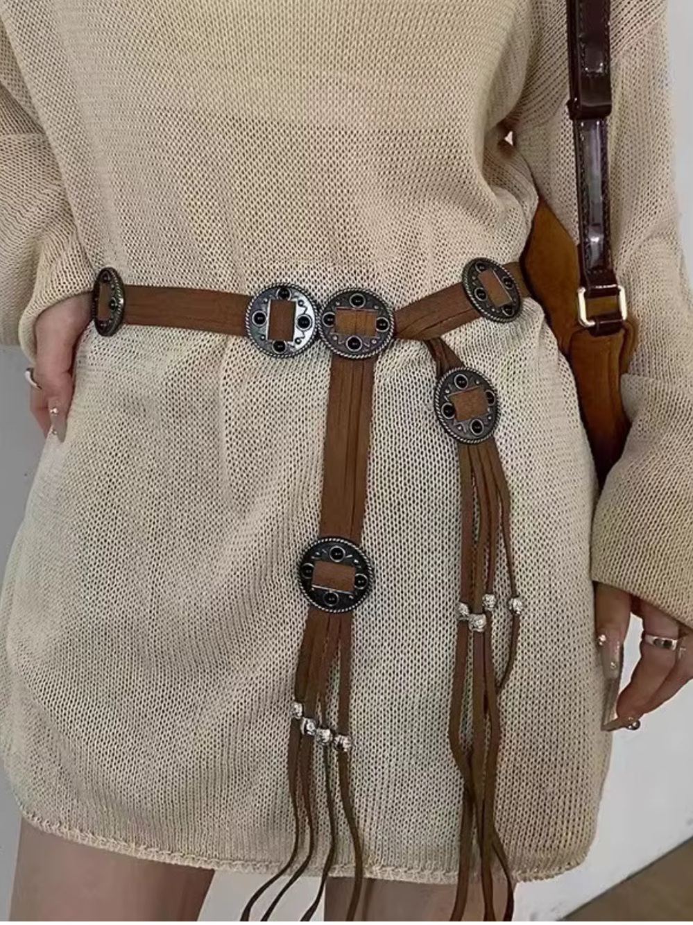 Sash Belt BohoTassel Waistband Western Knotted Fringed Round-Metal Waist Belt